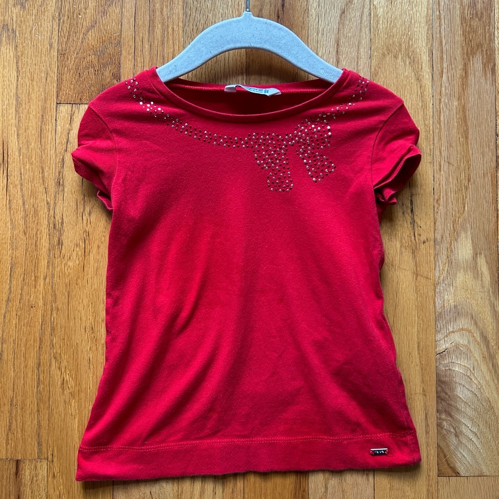 Mayoral Red Cap-Sleeve Tee with “Jeweled” Bow, 3T